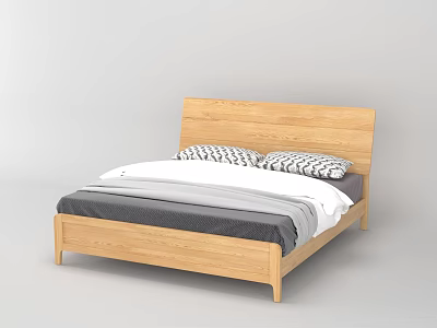 Light Wood Double Bed With Wooden Headboard Gray Quilt White Sheets And Striped Pillows 3d model