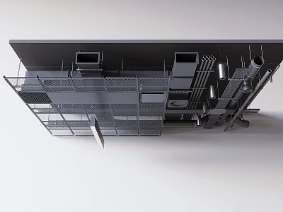 Modern Industrial Ceiling Structure With Metal Framework Support Beams Pipes And Grilles 3d model