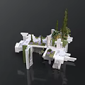 Classical Architectural Scene With White Stone Columns Arches Platforms And Green Plants