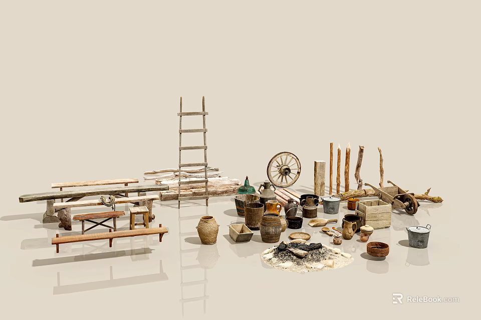 Traditional Agricultural Equipment With Wooden Ladder Wheel Buckets Clay Pots And Table Benches 3d model 
