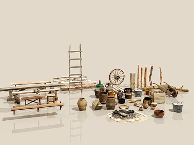 Traditional Agricultural Equipment With Wooden Ladder Wheel Buckets Clay Pots And Table Benches 3d model