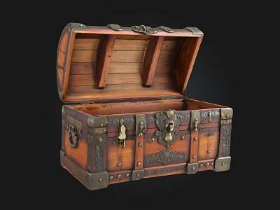 Vintage Wooden Storage Chest With Open Lid And Metal Decorative Ornaments 3d model