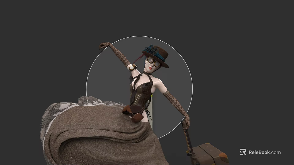 Woman in Black Corset With Leopard Print Sleeves Sitting on Blanket Holding Suitcase and Hat 3d model 