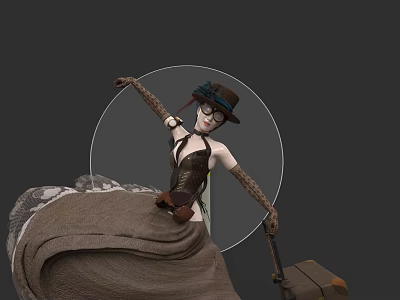 Woman in Black Corset With Leopard Print Sleeves Sitting on Blanket Holding Suitcase and Hat 3d model