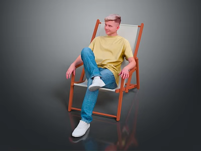 Man Sitting On Orange Folding Chair Wearing Yellow T Shirt Blue Jeans And White Shoes 3d model