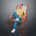 Man Sitting On Orange Folding Chair Wearing Yellow T Shirt Blue Jeans And White Shoes