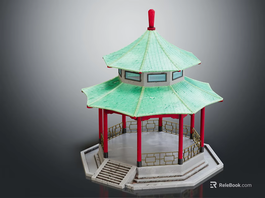 Traditional Chinese Pavilion with Green Roof Red Pillars Red Finial Hexagonal Base Steps and Windows 3d model 