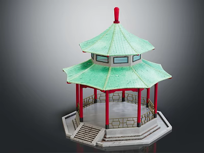 Traditional Chinese Pavilion with Green Roof Red Pillars Red Finial Hexagonal Base Steps and Windows 3d model
