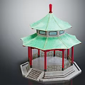 Traditional Chinese Pavilion with Green Roof Red Pillars Red Finial Hexagonal Base Steps and Windows