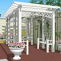 White Garden Pergola With Lattice Design Wooden Benches Red Brick Flooring And Bamboo Plants