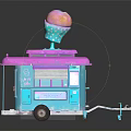 Colorful Pink And Blue Ice Cream Cart With Delicious Ice Cream Cone On Top