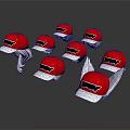 Multiple Red Caps With Black Logo Arranged On White Background
