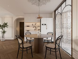 French Restaurant Home Restaurant Wooden Rattan Dining Table and Chair Combination Glass Chandelier 3d model