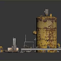Collection of Industrial Mechanical Parts Including Rusty Tank Pipes and Metal Frame