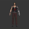 Man With Black Tank Top Red Graphic Brown Pants And Mechanical Arm 3D Character Render
