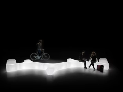 Illuminated Curved Landscape Seat Design With People Sitting And Chatting Outdoors 3d model