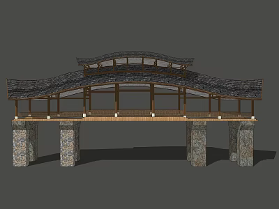 Traditional Garden Landscape Pavilion With Curved Tile Roof Wooden Frame And Stone Pillars 3d model