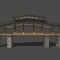 Traditional Garden Landscape Pavilion With Curved Tile Roof Wooden Frame And Stone Pillars