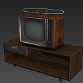 Vintage TV with Wooden Case and Top Antenna on Wooden Stand with Drawer and Shelves