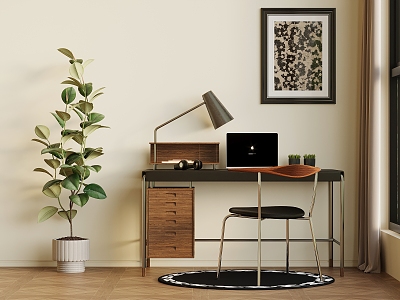 Middle-ancient style desk and chair computer books green plants potted plants model