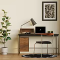 Modern Home Office Desk With Desk Lamp Laptop Wooden Chair Green Plant And Framed Artwork