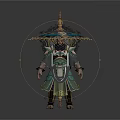 Mythical Warrior Figure with Ornate Green Gold Armor and Intricate Umbrella Canopy