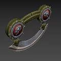 Ornate Green Metal Decorative Accessory With Spiked Frames Red Dragon Badges And Curved Silver Base