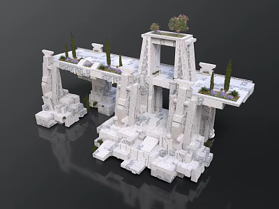 White Stone Architecture With Arch Columns Platforms And Green Plants Purple Flowers 3d model