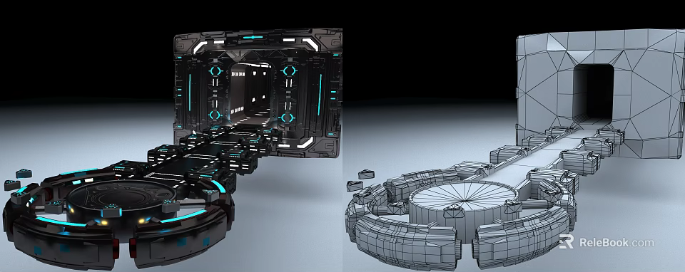 Futuristic Sci Fi Structure Model With Circular Design Metallic Frames And Blue Lighting 3d model 