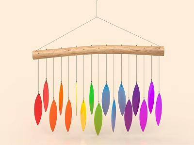 Hanging Decorative Ornament Set With Wooden Beam And Rainbow Colored Leaf Shaped Pendants 3d model