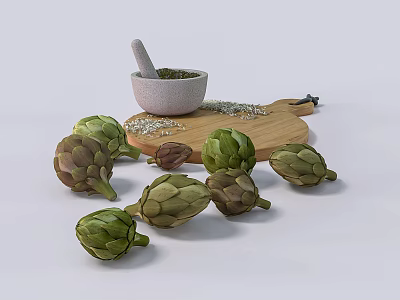 Essential Kitchen Utensils Setup With Stone Mortar Pestle Wooden Cutting Board And Fresh Artichokes 3d model