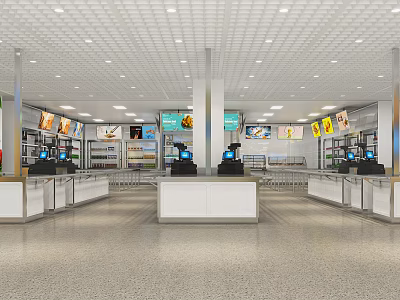 Supermarket Department Store Shopping Area With Cashier Counters Digital Screens And Product Shelves 3d model
