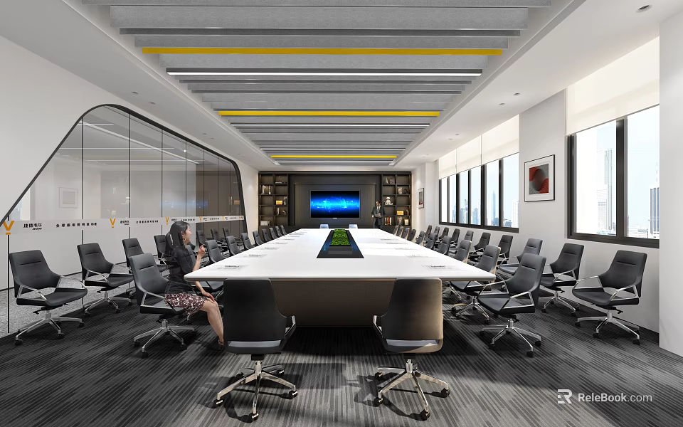 Modern Conference Room With Long Table Office Chairs Large Screen Glass Walls And Striped Ceiling 3d model 