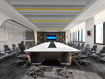 Modern Conference Room With Long Table Office Chairs Large Screen Glass Walls And Striped Ceiling 3d model