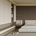 Modern Bedroom Interior With White Bed Wooden Striped Accent Wall Large Window And Greenery View