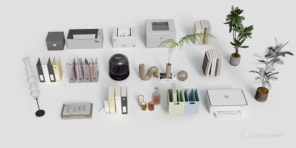 Organized Office Folders With Various Stationery Supplies Desk Accessories And Plants 3d model 