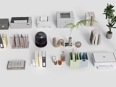 Organized Office Folders With Various Stationery Supplies Desk Accessories And Plants 3d model