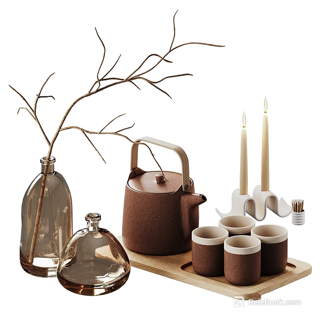 Decorative Ornament Set With Twigs Clear Glass Bottle Ceramic Teapot Mugs And Candles 3d model 