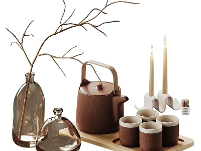 Decorative Ornament Set With Twigs Clear Glass Bottle Ceramic Teapot Mugs And Candles 3d model