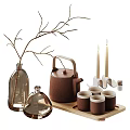 Decorative Ornament Set With Twigs Clear Glass Bottle Ceramic Teapot Mugs And Candles