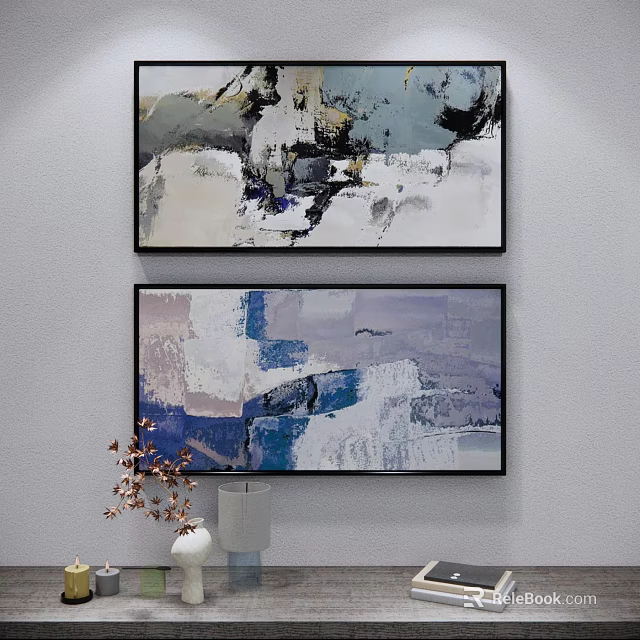 Two Abstract Blue Gray White Wall Art Pieces Hanging on Light Gray Wall 3d model 