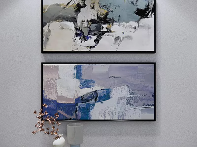 Two Abstract Blue Gray White Wall Art Pieces Hanging on Light Gray Wall 3d model