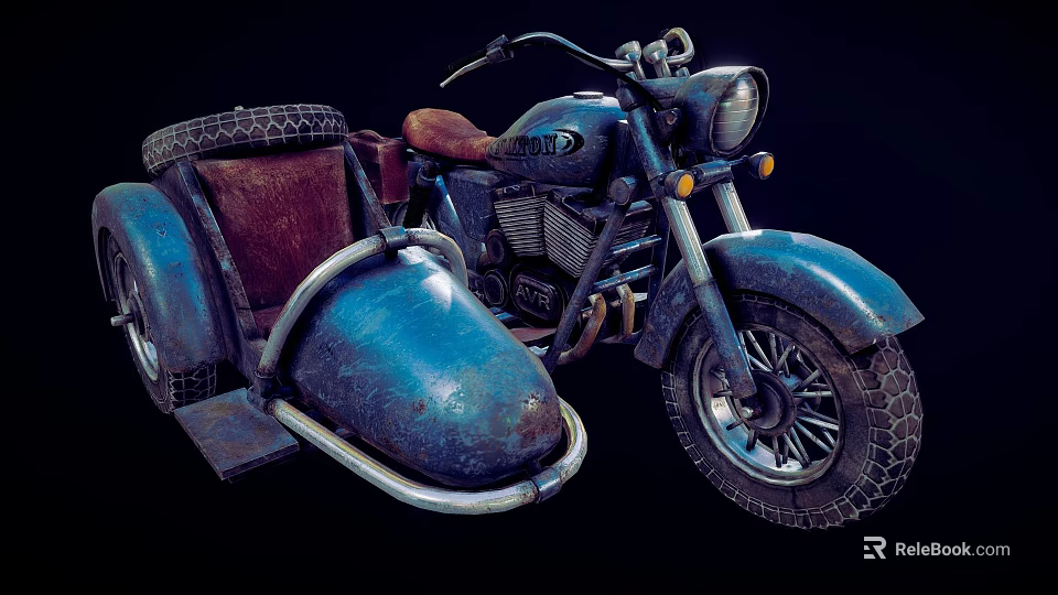 Vintage Motorcycle With Sidecar Brown Leather Seat Thick Tires Metal Parts 3d model 