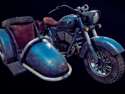 Vintage Motorcycle With Sidecar Brown Leather Seat Thick Tires Metal Parts 3d model