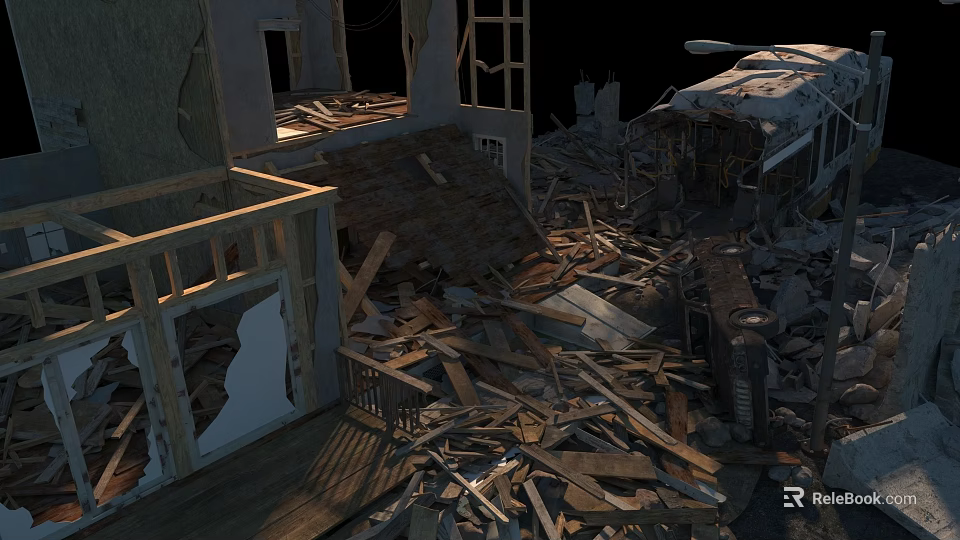 Dilapidated Buildings With Collapsed Structures And Scattered Wooden Debris In Ruins 3d model 