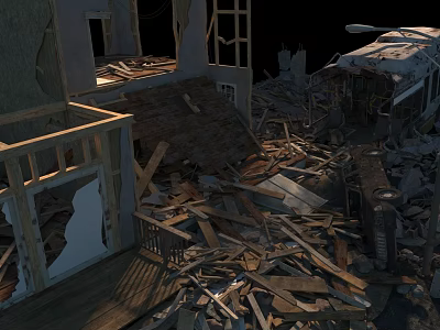 Dilapidated Buildings With Collapsed Structures And Scattered Wooden Debris In Ruins 3d model