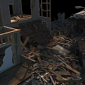 Dilapidated Buildings With Collapsed Structures And Scattered Wooden Debris In Ruins