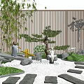 Japanese Dry Landscape Garden With Stones Gravel Pine Trees And Wooden Fence