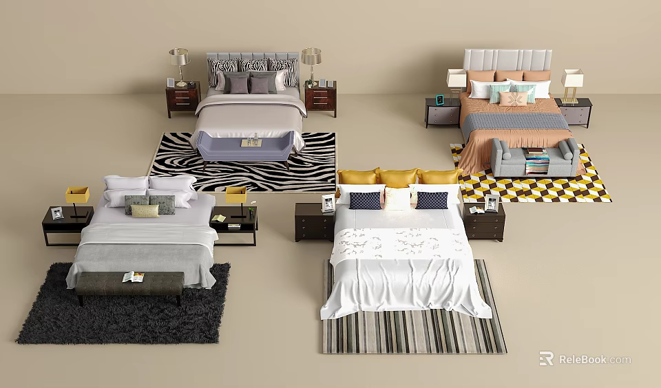 Various Double Bed Designs With Colorful Linens Nightstands And Patterned Rugs 3d model