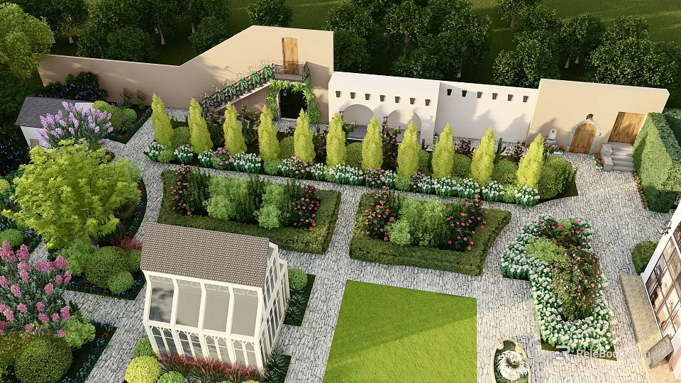 Well Designed Garden Landscape With Trimmed Trees Flower Beds Stone Pathways And Greenhouse 3d model 